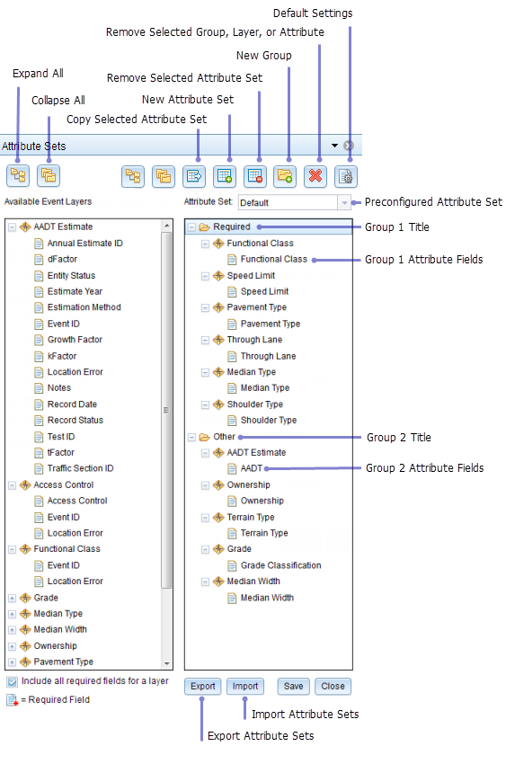 Attribute sets in Roadway Characteristics Editor Attribute sets in Roadway Characteristics Editor